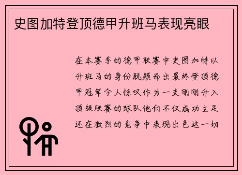 史图加特登顶德甲升班马表现亮眼