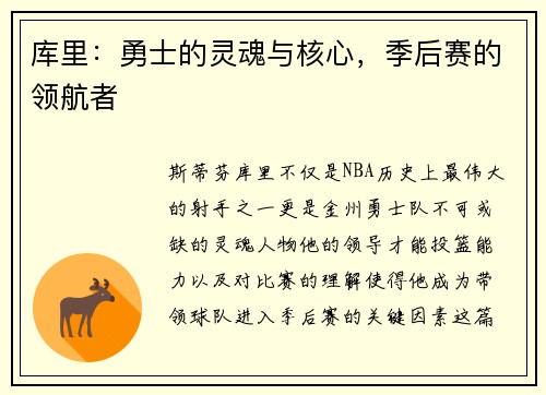 库里：勇士的灵魂与核心，季后赛的领航者