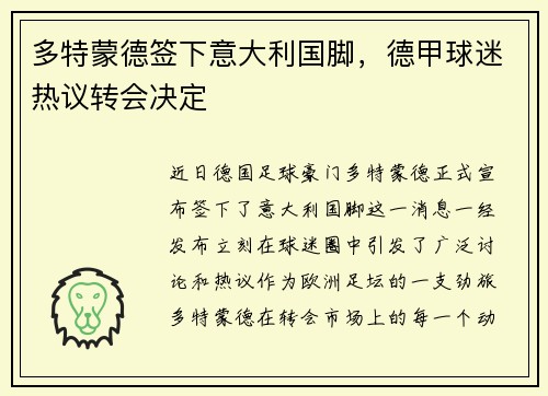 多特蒙德签下意大利国脚，德甲球迷热议转会决定